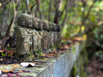 Alte kleine Jizu-Statuen im Wald